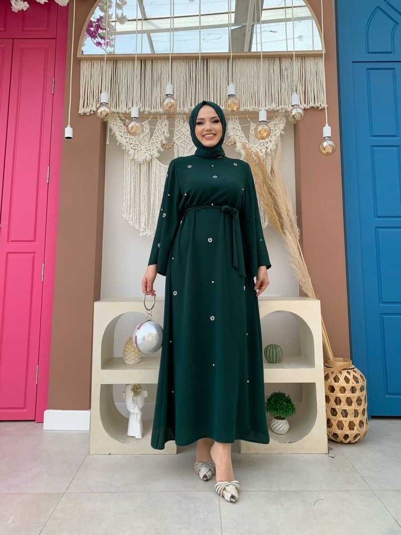 Bym Fashion Bym Stone Detailed Waist Belted Dress 3797 Emerald - Image 1