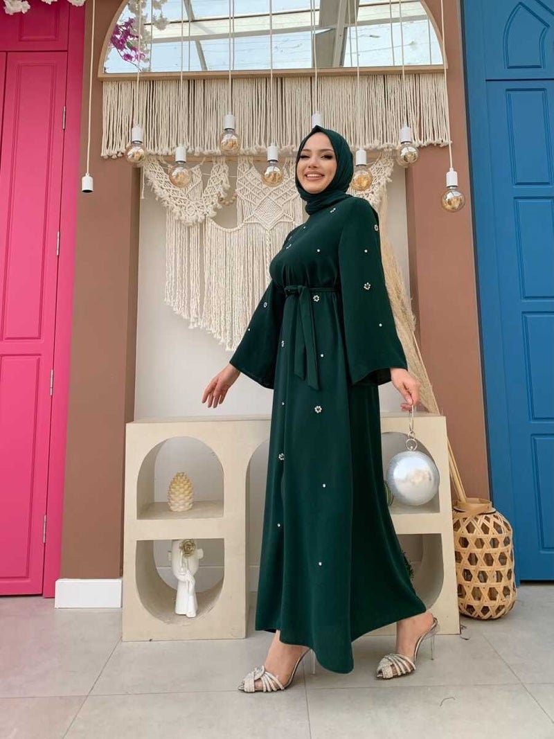 Bym Fashion Bym Stone Detailed Waist Belted Dress 3797 Emerald - Image 2