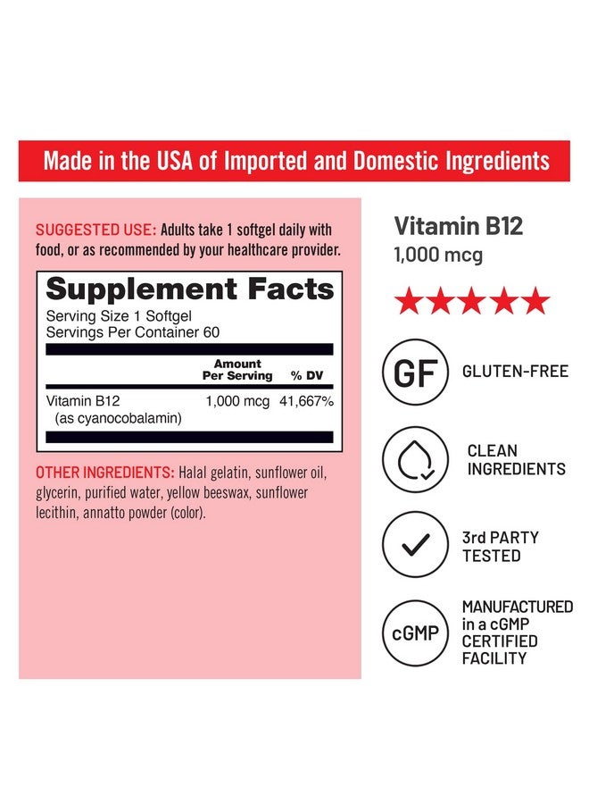 NatureWise Vitamin B12 1000 mcg - Dietary Supplement for Supporting Energy Metabolism, Mental Clarity, Nervous System Health - Easy-to-Swallow, Soy & Gluten-Free, Non-GMO - 60 Softgels[60-Day Supply] - Image 4