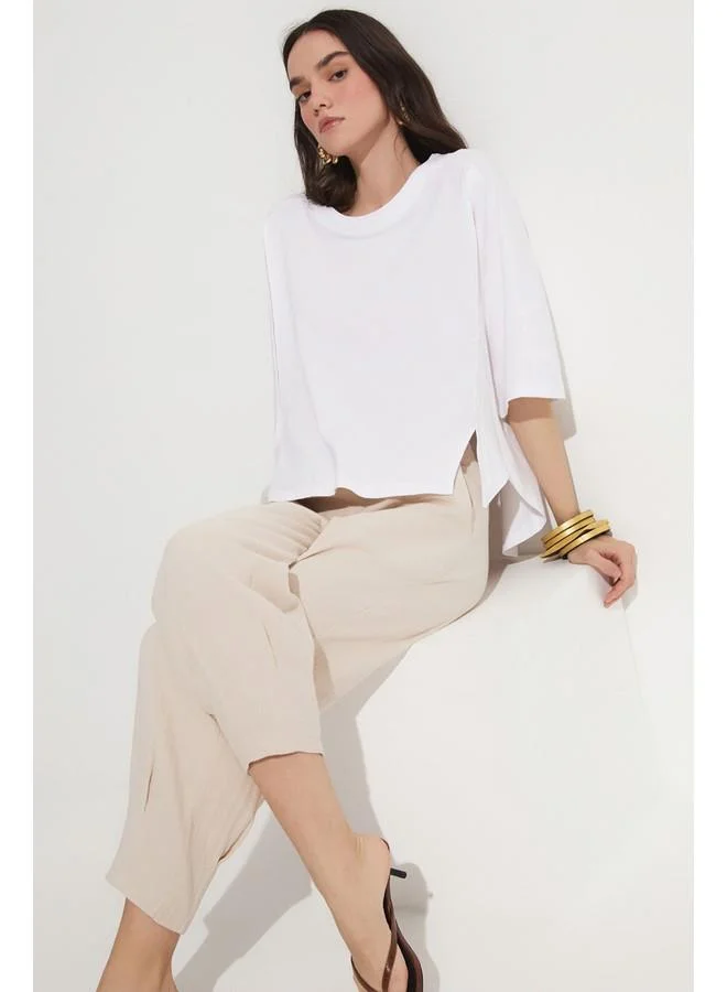 JUNE June 100% Cotton Stitching Detailed Tshirt White