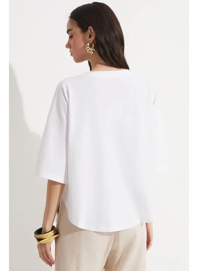 JUNE June 100% Cotton Stitching Detailed Tshirt White