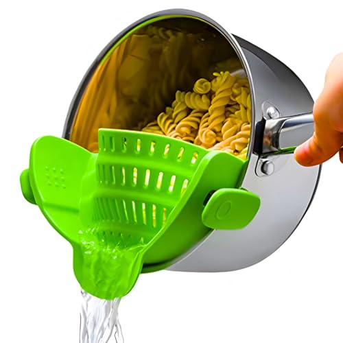 Kitchen Gizmo Snap N Strain Clip On Strainer for Pots and Pans Collapsible Silicone Pasta Strainer and Kitchen Gadget for Cooking Easy to Use Heat Resistant and Space Saving Colander Green
