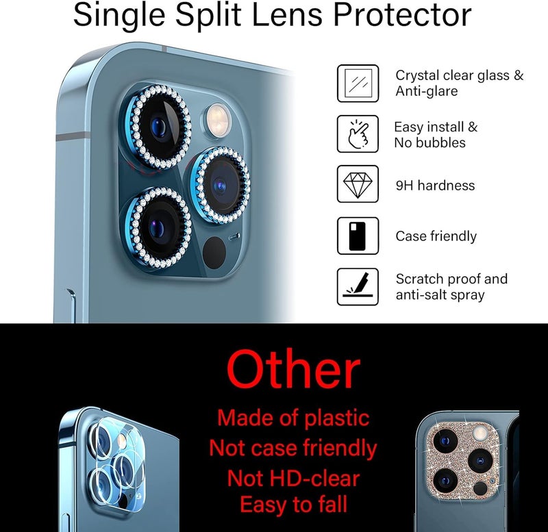 KEKOZE Diamond Camera Lens Protector Compatible With iPhone 11 Pro/11 Pro Max and iPhone 12 Pro Max Plus 9H Tempered Glass Camera Cover Screen Protector Metal Ring Decoration Accessories - Blue - Image 5