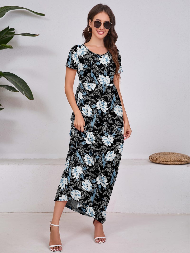 DEARCASE Women's Short Sleeve Maxi Dresses Floral Lily Black X-Large Loose A-line Casual Party Vintage Spring Summer Flowy Beach Sundress Hawaiian Boho Vacation Casual Long Dress with Pockets - Image 4