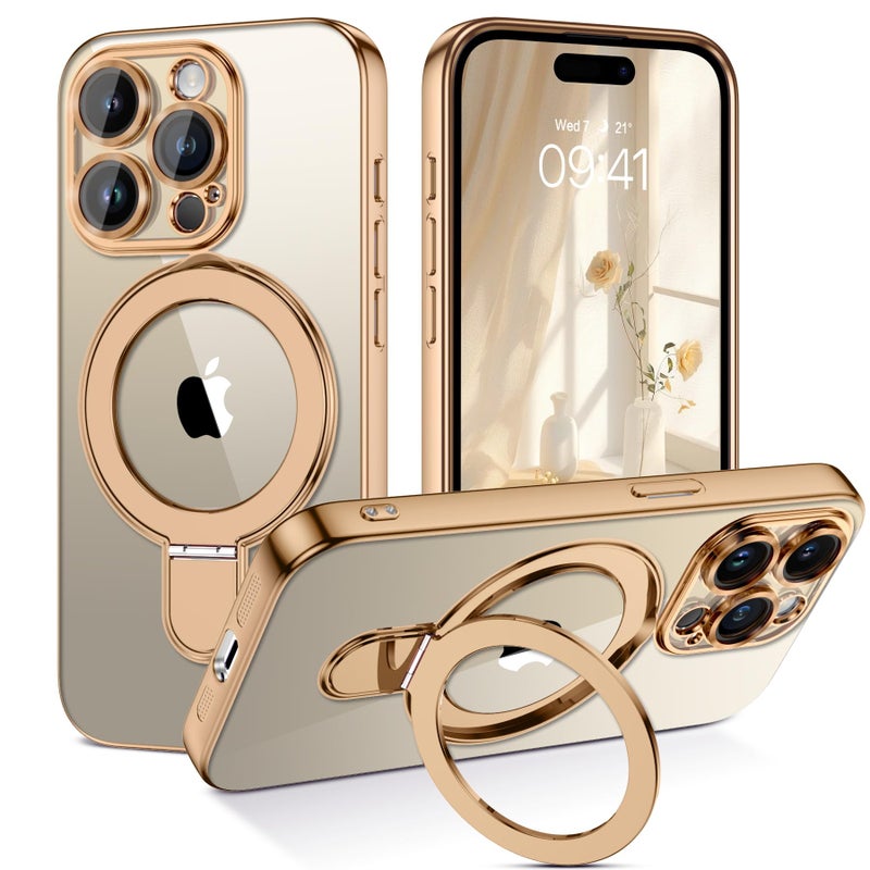 GUAGUA for iPhone 15 Pro Max Case with Stand, Magnetic Clear Cases Plating Edge Invisible Ring Holder Slim Shockproof Protective Kickstand Phone Case for iPhone 15 Pro Max 6.7'', Desert Titanium Gold - Image 1