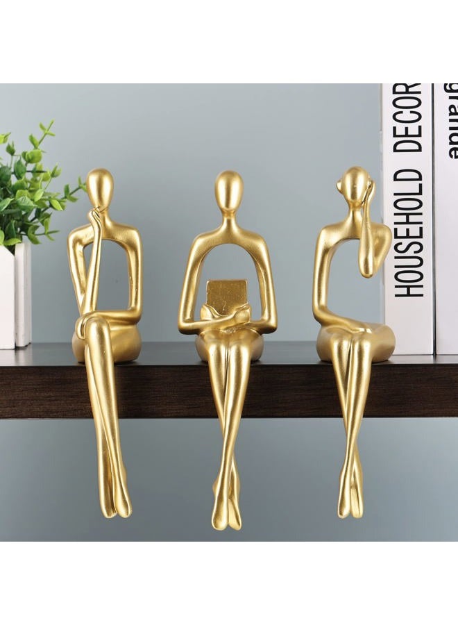 SHENGTIAN Reading Woman Statue, Resin Sculpture Set in Gold for Bookcase, Decorative Figures Trio, Book Lovers Decoration, Living Room Ornaments (Gold) - Image 2