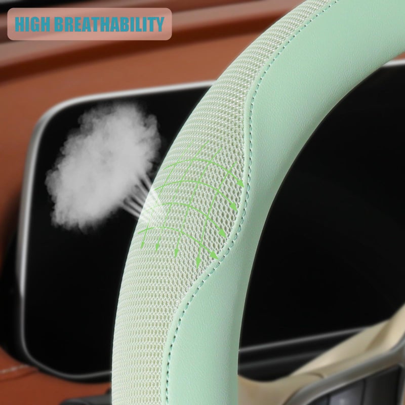 Binsheo Nappa Leather Green Steering Wheel Cover, Advanced Microfiber Leather Non-Slip Breathable Fabric, Warm in Winter and Cool in Summer, Universal 15 inch - Image 3