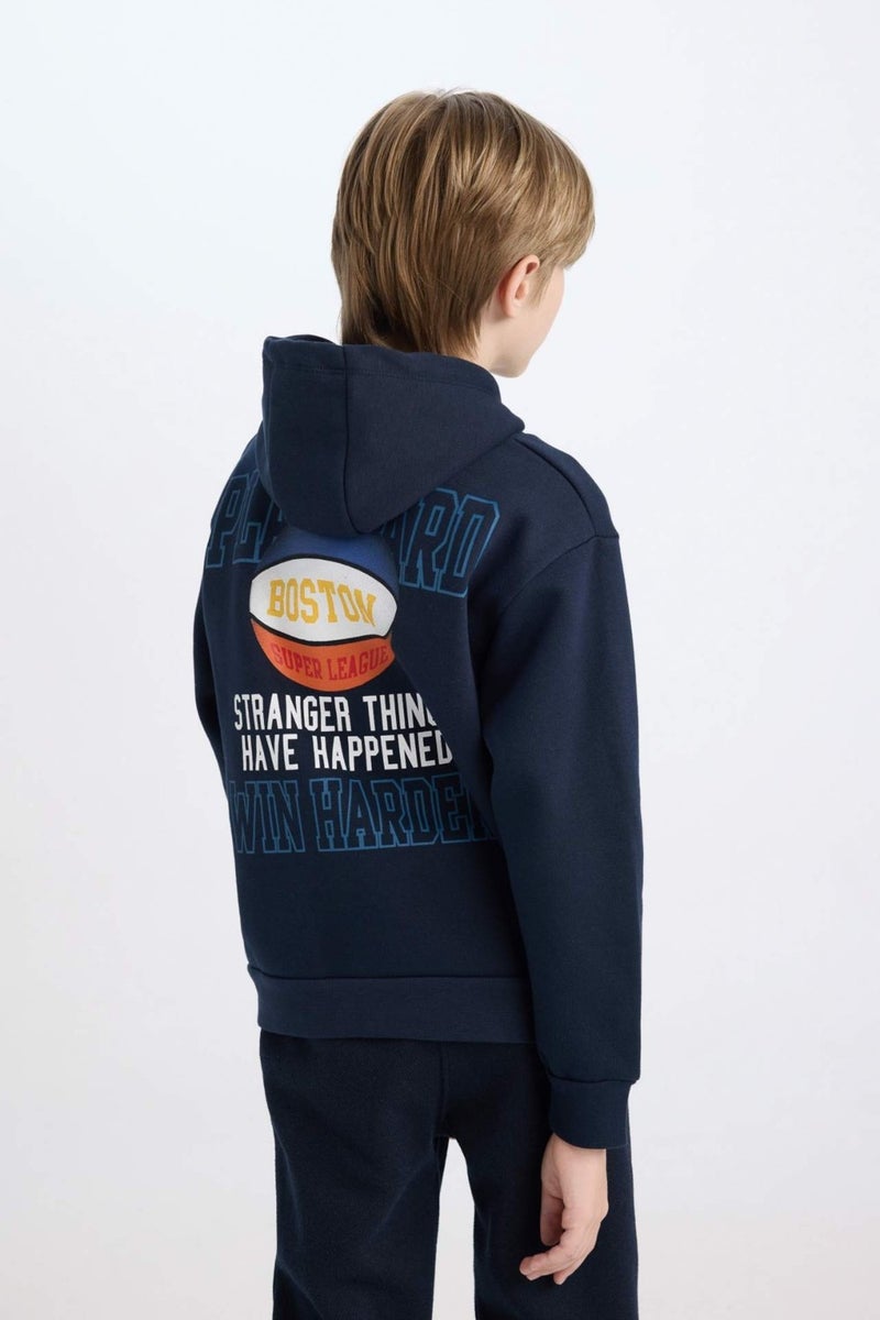 DeFacto Boy Navy Blue Hooded Back Printed Thick Sweatshirt D3048A824WN  - Image 1