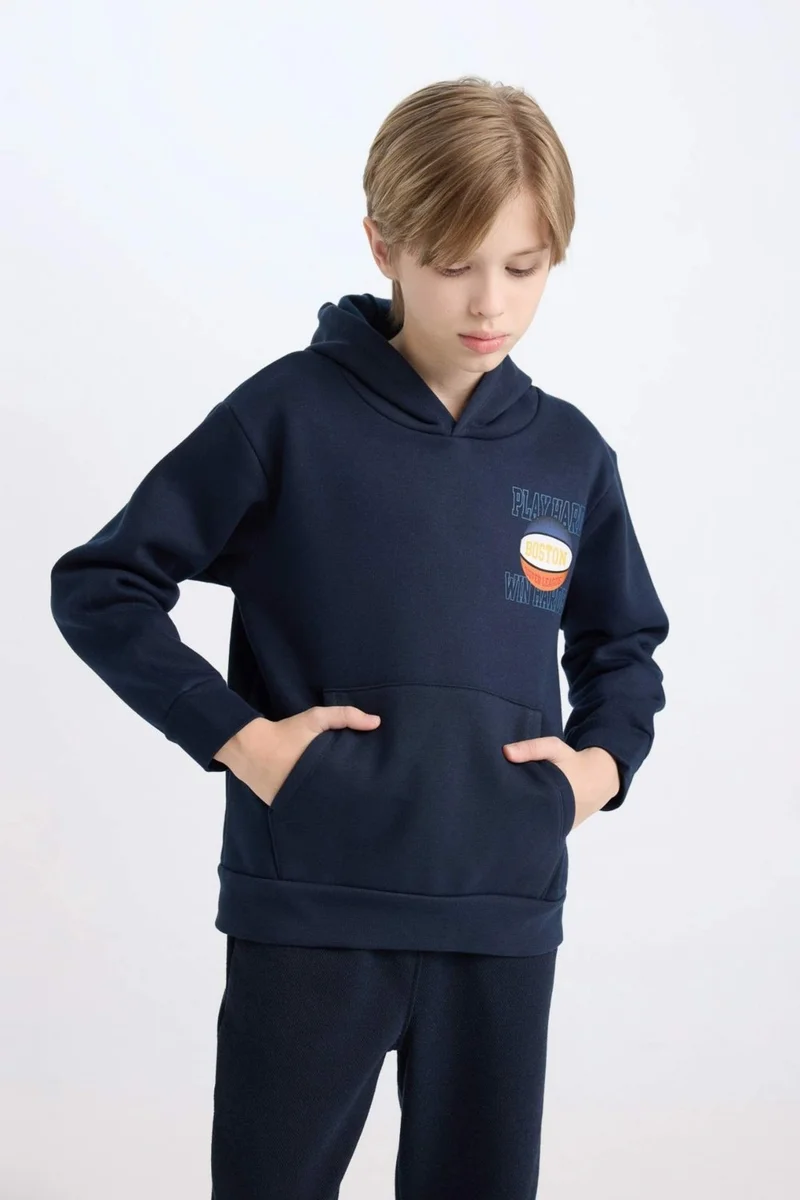 ديفاكتو Boy Navy Blue Hooded Back Printed Thick Sweatshirt D3048A824WN