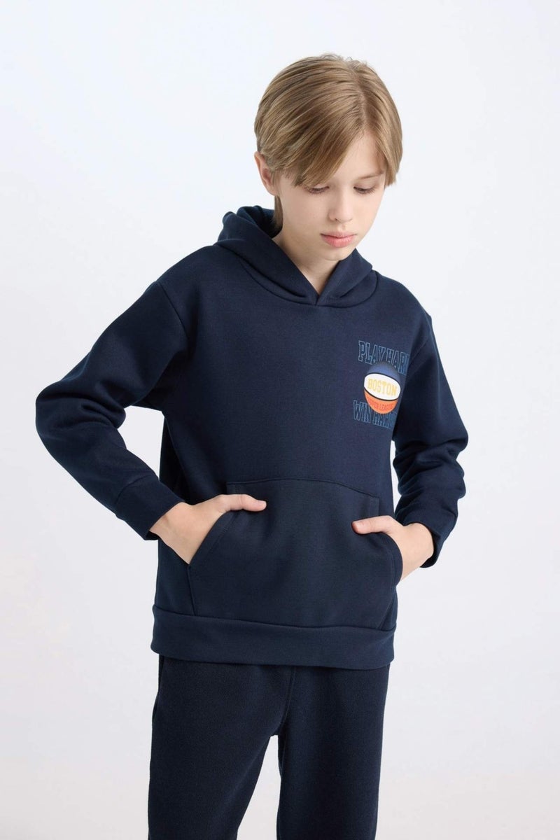 DeFacto Boy Navy Blue Hooded Back Printed Thick Sweatshirt D3048A824WN  - Image 3