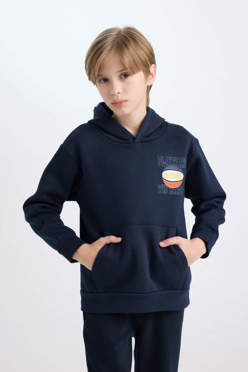 DeFacto Boy Navy Blue Hooded Back Printed Thick Sweatshirt D3048A824WN  - Image 4