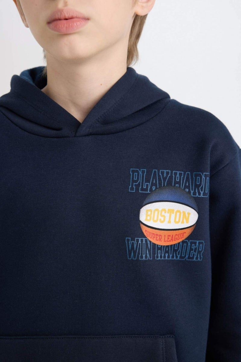 DeFacto Boy Navy Blue Hooded Back Printed Thick Sweatshirt D3048A824WN  - Image 5