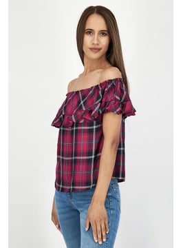 Stradivarius Women Off,The,Shoulder Neck Short Sleeves Plaid Blouse, Dark Pink Combo  - Image 1