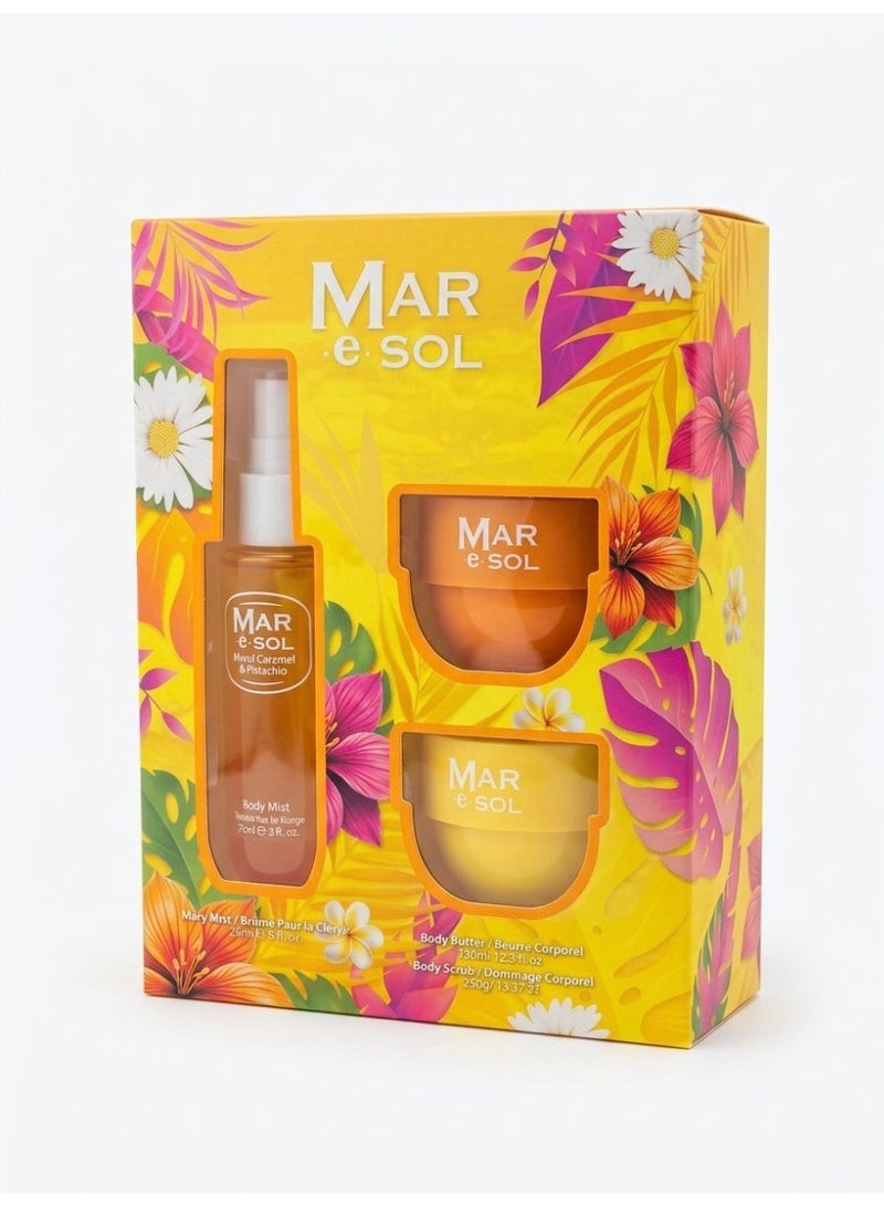 MAR.e.SOL Salted Caramel and Pistachio Set (Body Spray 90ml + Body Scrub 100ml + Body Butter 75ml) - Image 1