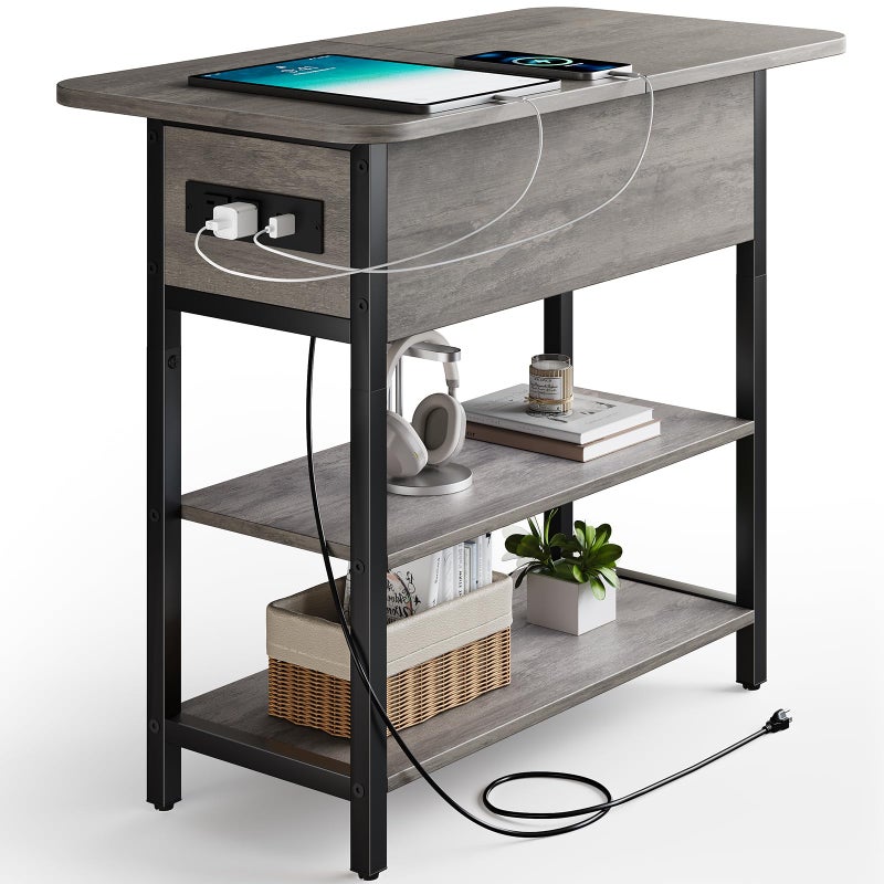 Yoobure End Table with Charging Station, Flip Top Side Table with USB Ports and Outlets, Sofa Couch Table Bedside Table for Living Room Bedroom, Narrow Nightstand with Shelves for Small Space Gray - Image 1