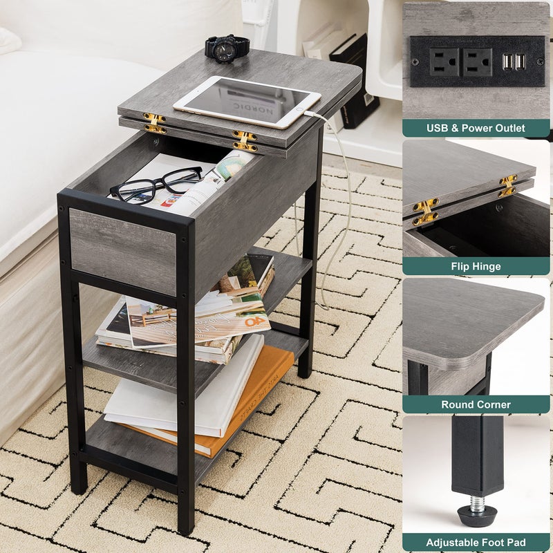 Yoobure End Table with Charging Station, Flip Top Side Table with USB Ports and Outlets, Sofa Couch Table Bedside Table for Living Room Bedroom, Narrow Nightstand with Shelves for Small Space Gray - Image 3