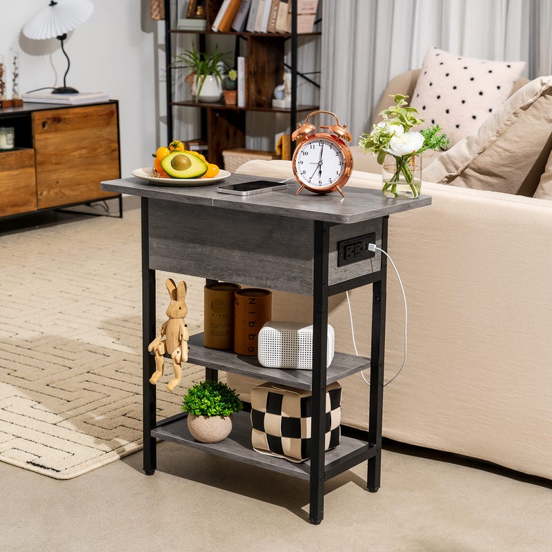 Yoobure End Table with Charging Station, Flip Top Side Table with USB Ports and Outlets, Sofa Couch Table Bedside Table for Living Room Bedroom, Narrow Nightstand with Shelves for Small Space Gray - Image 5