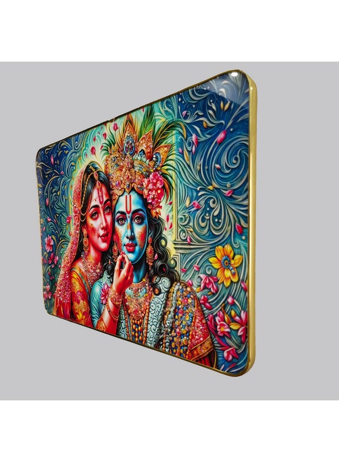 Masstone Radha Krishna Wall Painting with Crystal Embedded High Gloss Surface Gold Slim Frame Embossed, 45x30 cm Wall Hanging Photos Home Decoration Wall Art For Living Room, Bedroom, Drawing room - Image 2