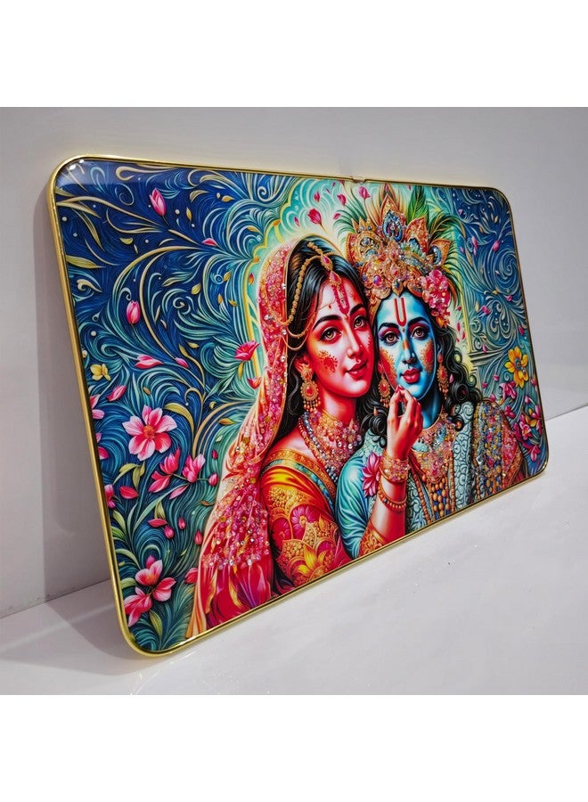 Masstone Radha Krishna Wall Painting with Crystal Embedded High Gloss Surface Gold Slim Frame Embossed, 45x30 cm Wall Hanging Photos Home Decoration Wall Art For Living Room, Bedroom, Drawing room - Image 3