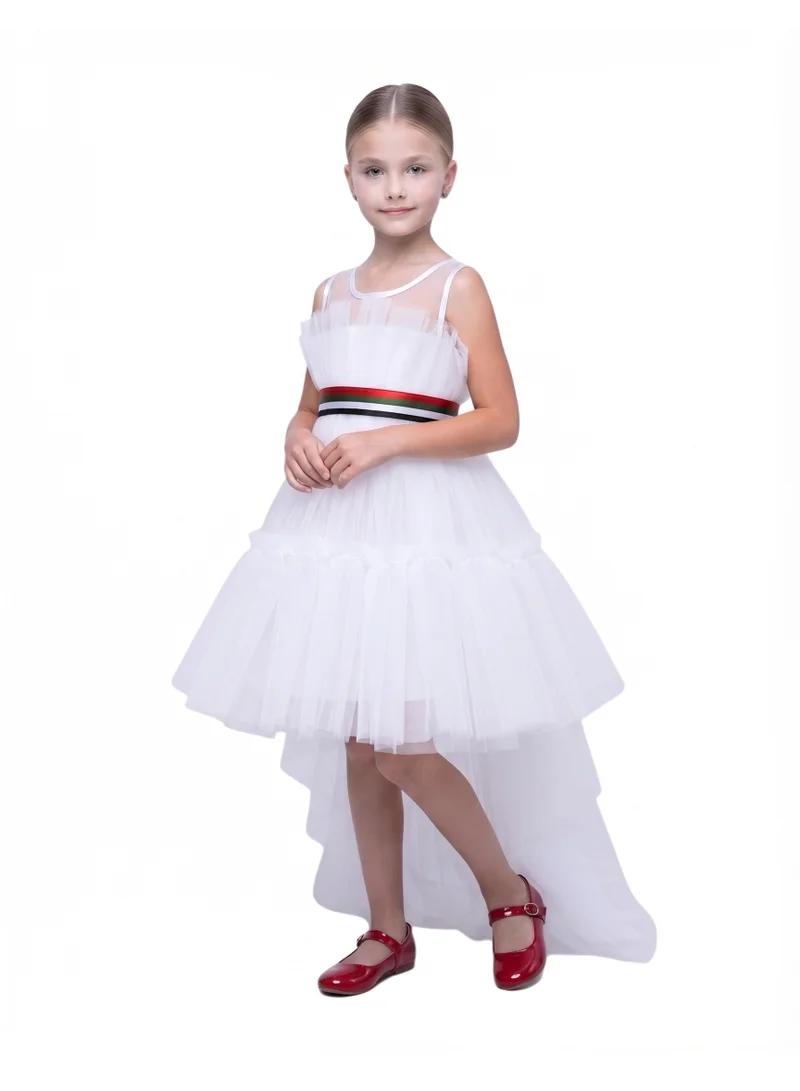D'daniela 2-in-1 Girls UAE National Day High-Low Tulle Gown with Detachable Flag Sash Belt