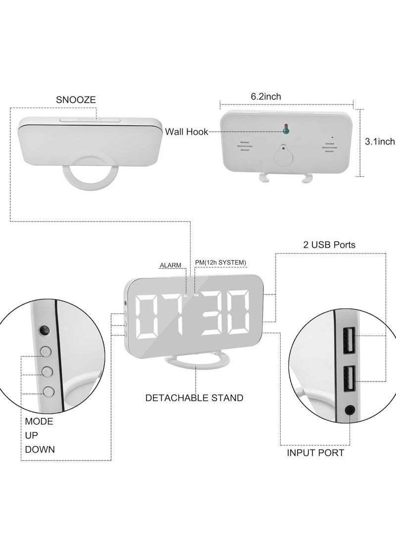 Bukela Digital Clock Large Display, LED Electric Alarm Clocks Mirror Surface for Makeup with Diming Mode, 3 Levels Brightness, Dual USB Ports Modern Decoration for Home Bedroom Decor-White - Image 4