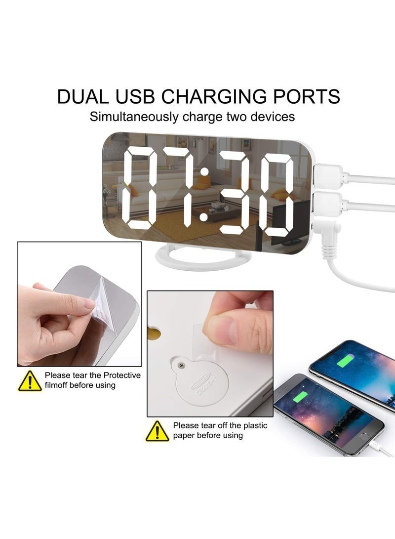 Bukela Digital Clock Large Display, LED Electric Alarm Clocks Mirror Surface for Makeup with Diming Mode, 3 Levels Brightness, Dual USB Ports Modern Decoration for Home Bedroom Decor-White - Image 5