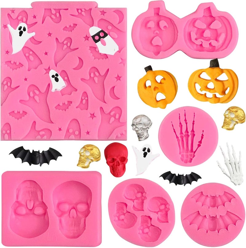 Rainmae 6 Pcs Halloween Silicone Molds, Halloween Bat Pumpkin Spider Owl Ghost Fondant molds, Party Cupcake Topper Decorating Tools, DIY Chocolate Candy Mold Gum Paste Polymer Clay Epoxy Resin Mould - Image 1