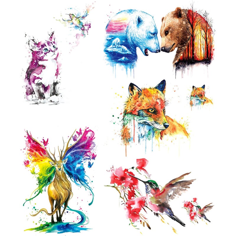 Glaryyears Watercolor Fox Temporary Tattoos 5 Pack Large Fake Long Lasting Tattoo Stickers for Adults Women Men Makeup Animal Deer Hummingbird Cat Polar Bear on Body Art Decoration Rock Tumbler