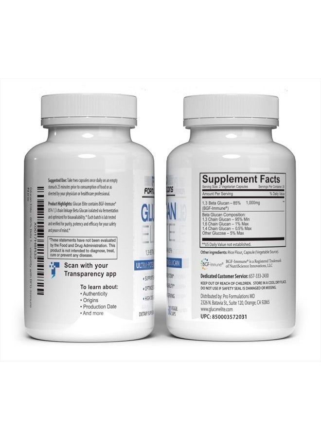 Pro Formulations MD - Glucan Elite – 85% Beta 1,3D Glucan 500mg - 60 vcaps - Ultra-Potency Beta Glucan – Highest Bioavailability with BGF-Immune - Superior Immune System Support - Image 1