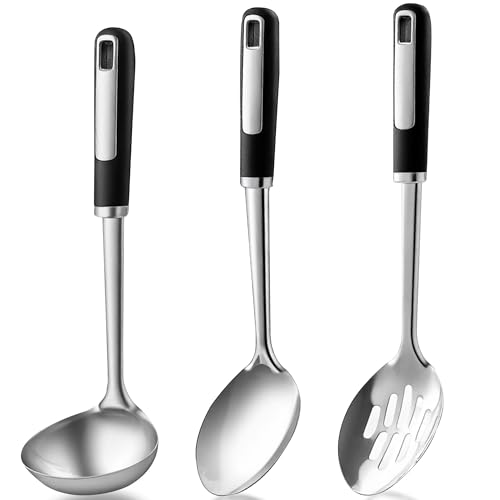HAPPY KIT Stainless Steel Cooking Spoons Set, Large Serving Spoons Stainless Steel with Soup Ladle, Solid Spoon & Slotted Spoon, 3-Piece Thickened Metal Cooking Spoon for Kitchen Serving & Cooking - Image 1