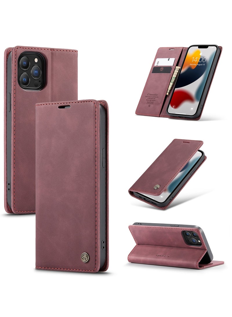CaseMe Phone Case Luxury PU Leather Design 013 Flip Cover Card Slot Holder Cover For IPhone 13 Pro Max (Wine Red) - Image 1
