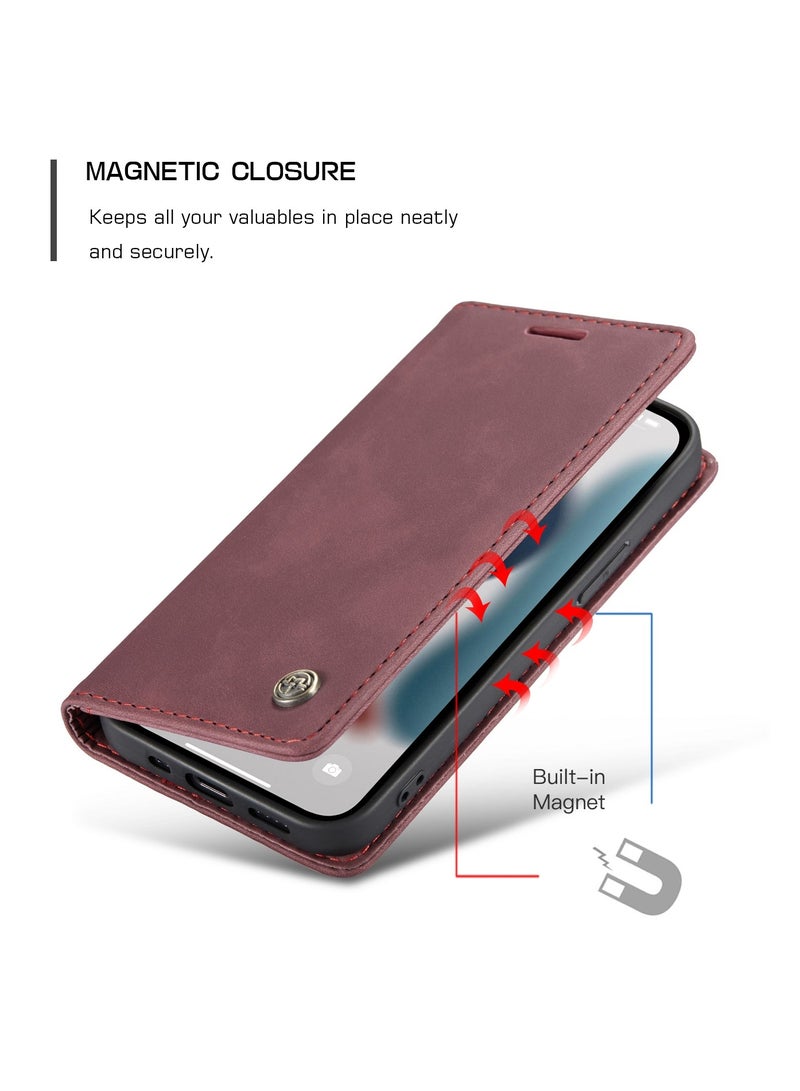 CaseMe Phone Case Luxury PU Leather Design 013 Flip Cover Card Slot Holder Cover For IPhone 13 Pro Max (Wine Red) - Image 3
