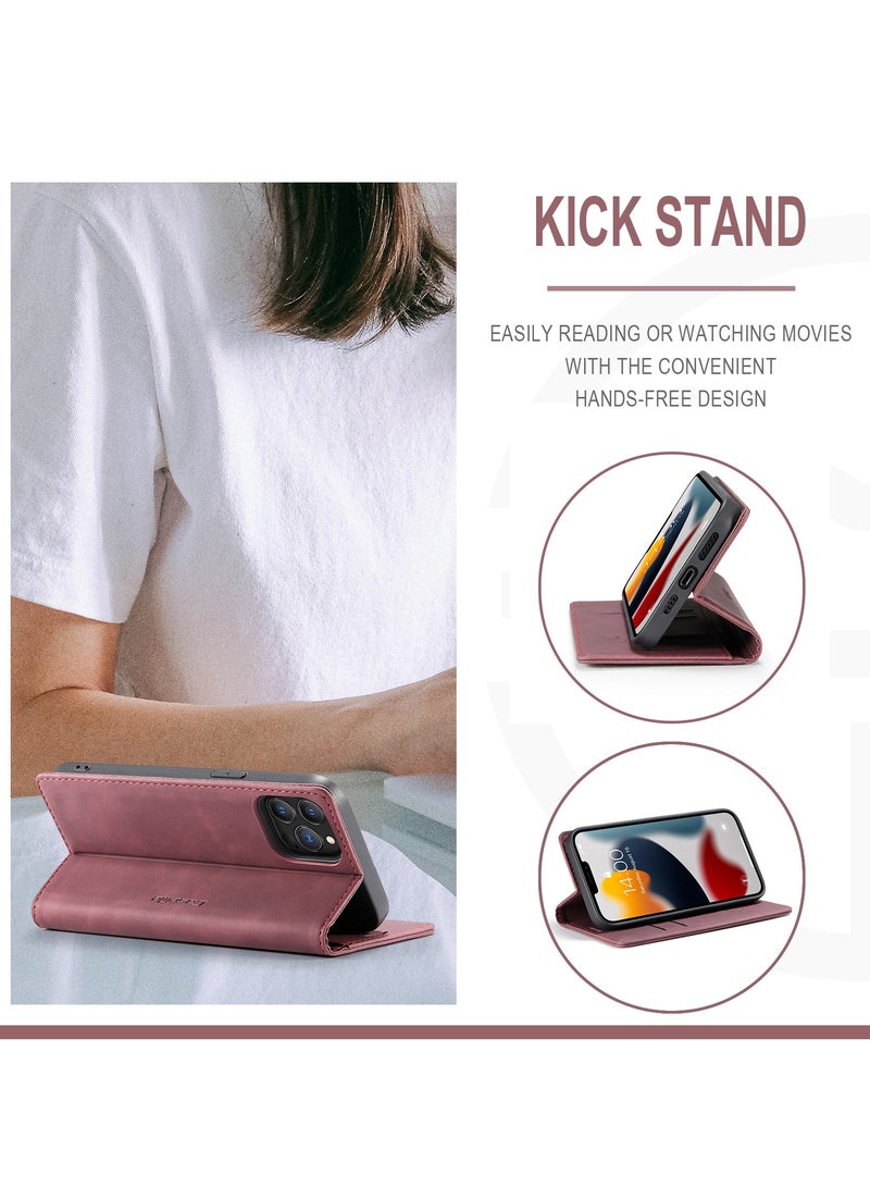 CaseMe Phone Case Luxury PU Leather Design 013 Flip Cover Card Slot Holder Cover For IPhone 13 Pro Max (Wine Red) - Image 4