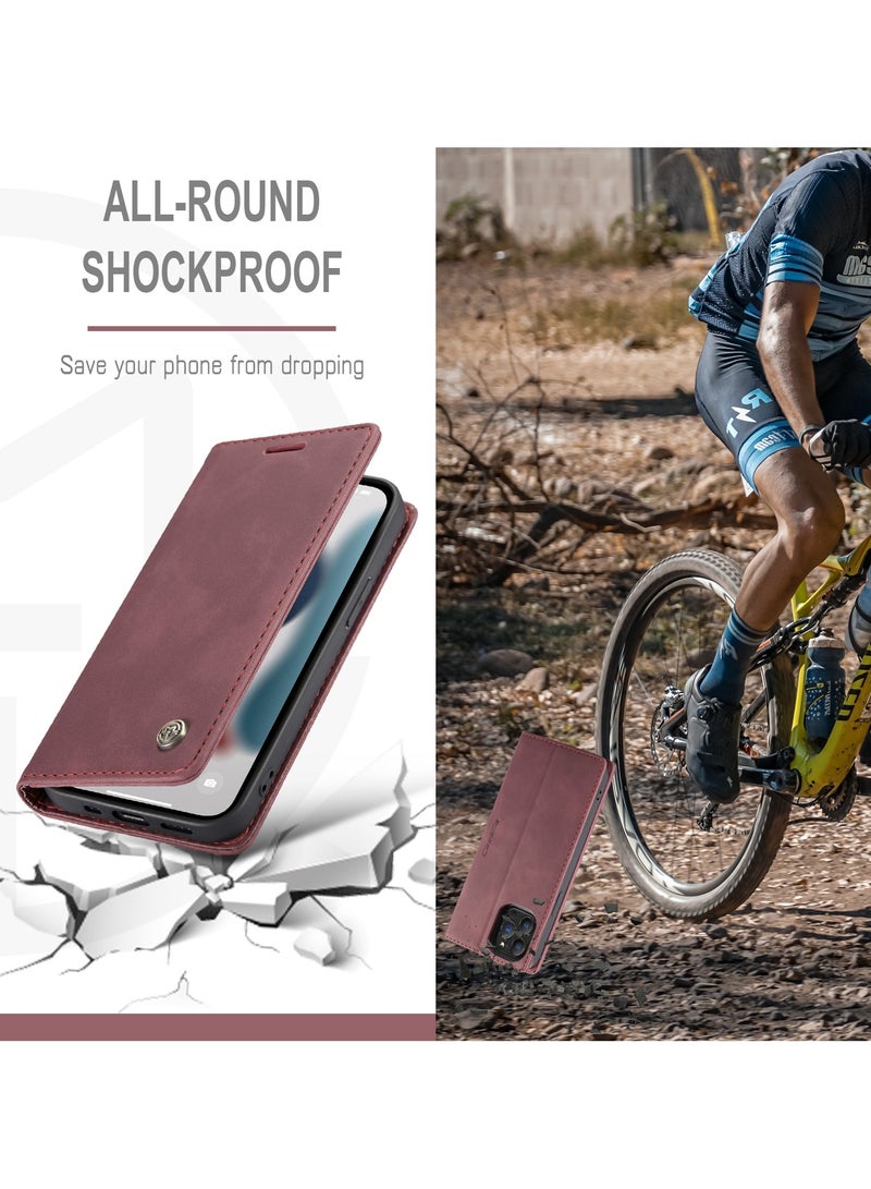 CaseMe Phone Case Luxury PU Leather Design 013 Flip Cover Card Slot Holder Cover For IPhone 13 Pro Max (Wine Red) - Image 5