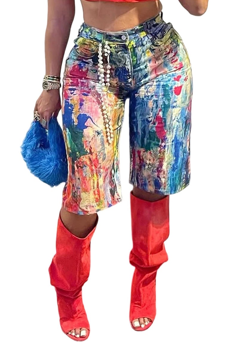 NRTHYE Women Colorful Tie Dye Bermuda Denim Shorts Baggy High Waist Straight Leg Multicolor Graffiti Jean Shorts - Image 1
