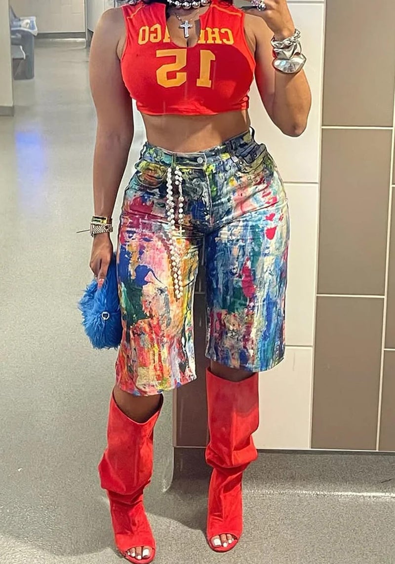 NRTHYE Women Colorful Tie Dye Bermuda Denim Shorts Baggy High Waist Straight Leg Multicolor Graffiti Jean Shorts - Image 2