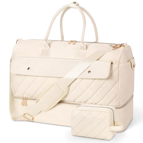 Wedama Travel Duffel Bag, Large Weekender Bag for Women with Shoe Compartment, Carry on Overnight Bag with Toiletry Makeup Bag, Gym Duffel Bag Travel Tote Bag for Travel Gym Camping Hospital, Beige - Image 1