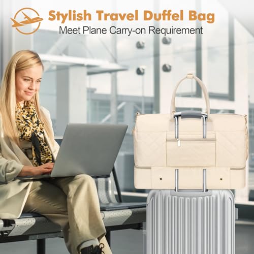 Wedama Travel Duffel Bag, Large Weekender Bag for Women with Shoe Compartment, Carry on Overnight Bag with Toiletry Makeup Bag, Gym Duffel Bag Travel Tote Bag for Travel Gym Camping Hospital, Beige - Image 5