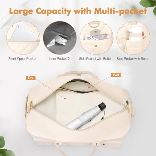 Wedama Travel Duffel Bag, Large Weekender Bag for Women with Shoe Compartment, Carry on Overnight Bag with Toiletry Makeup Bag, Gym Duffel Bag Travel Tote Bag for Travel Gym Camping Hospital, Beige - Image 3