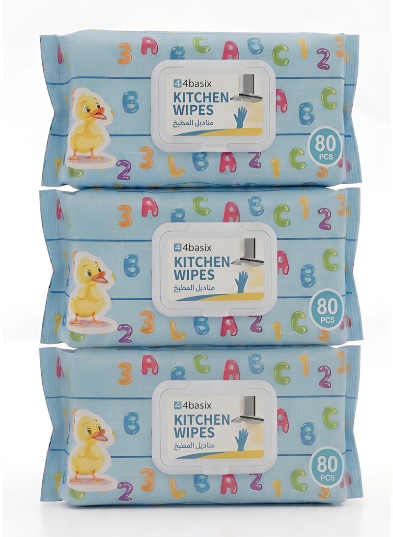 4basix Kitchen Cleaning Wipes Lemon Scented 3 Pack (240 Count) - Multipurpose Disposable Wet Wipes for Kitchen Surfaces, Countertops, Stovetops & Appliances – Grease & Stain Remover - Image 1