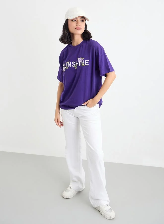 Styli Styli Embroidered Slogan Short Sleeves Oversized T-Shirt