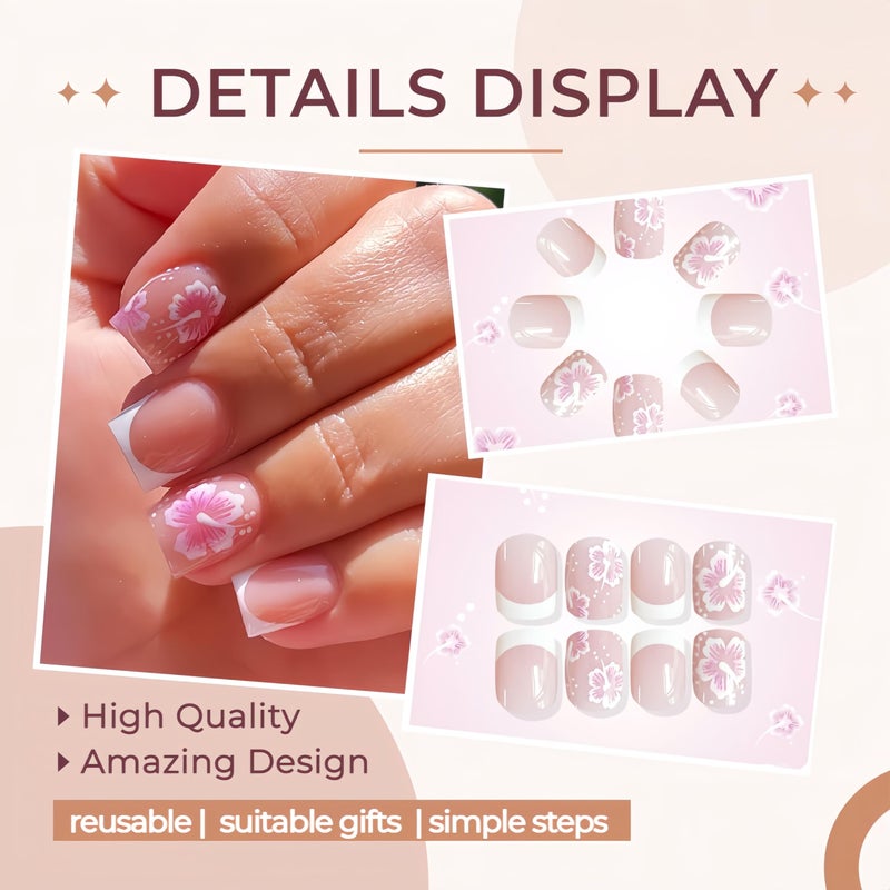 Quezadyl 24Pcs White French Flower Press on Nails, Square Glossy Acrylic Nails with Hibiscus Design, Full Cover Stick on Nails for Women, DIY Manicure - Image 2