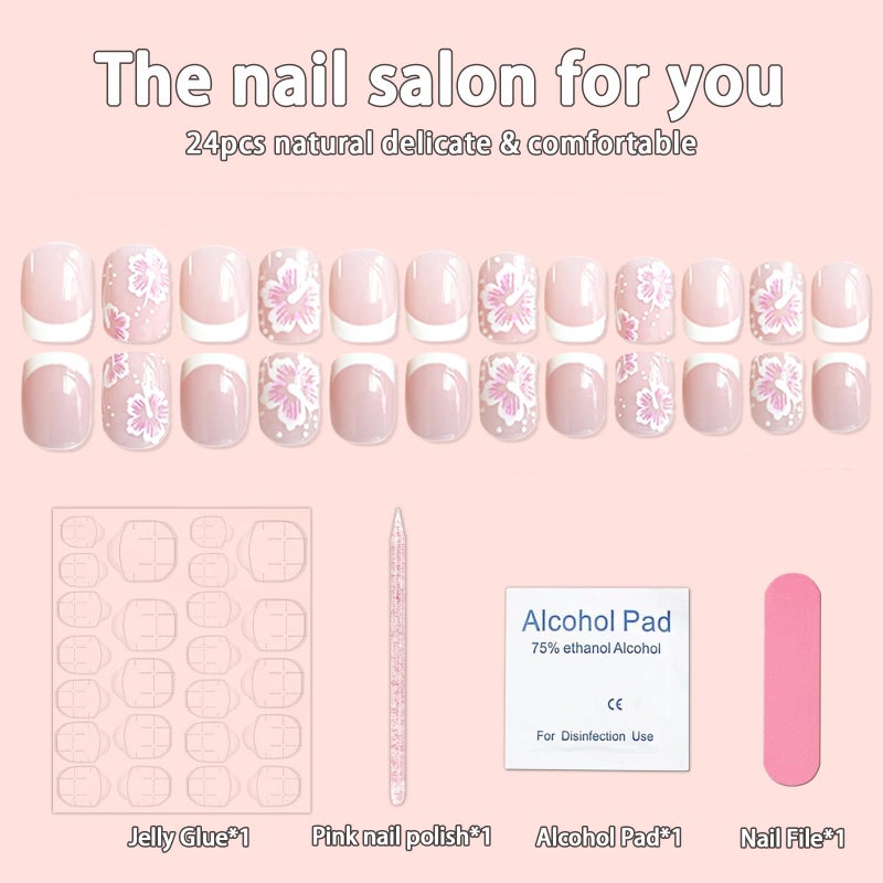Quezadyl 24Pcs White French Flower Press on Nails, Square Glossy Acrylic Nails with Hibiscus Design, Full Cover Stick on Nails for Women, DIY Manicure - Image 3