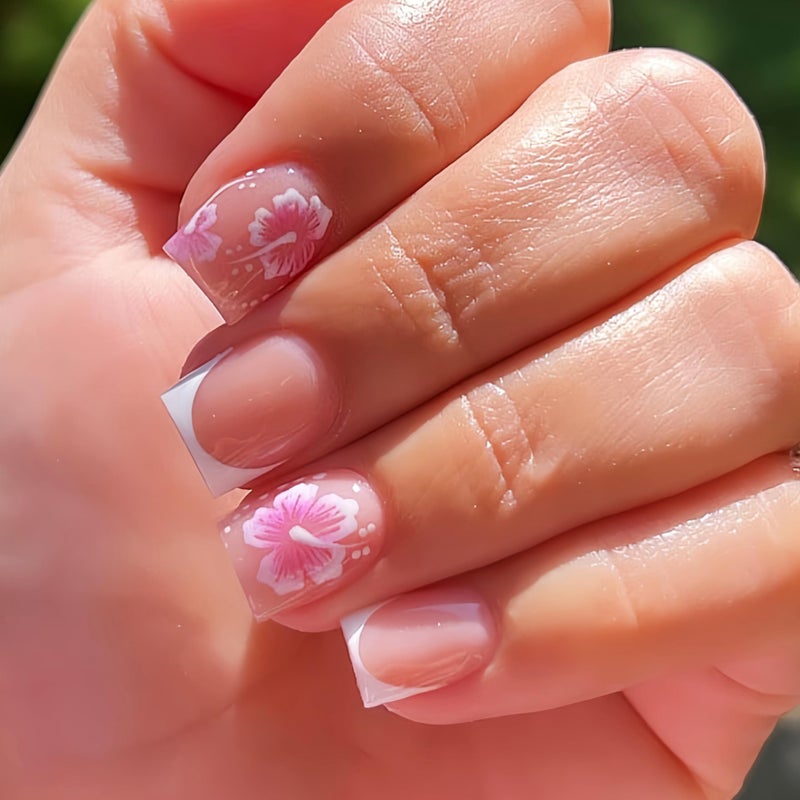 Quezadyl 24Pcs White French Flower Press on Nails, Square Glossy Acrylic Nails with Hibiscus Design, Full Cover Stick on Nails for Women, DIY Manicure - Image 1