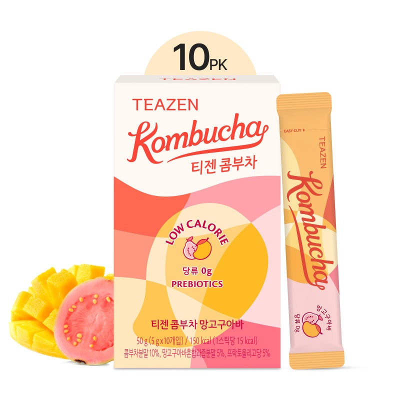 TEAZEN Mango Guava Kombucha Tea, Hydration Drink Mix, Sugar Free, Live Probiotics & Prebiotics, 10 Sticks, 1.76oz - Image 1