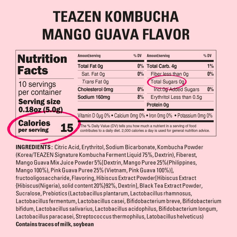 TEAZEN Mango Guava Kombucha Tea, Hydration Drink Mix, Sugar Free, Live Probiotics & Prebiotics, 10 Sticks, 1.76oz - Image 5