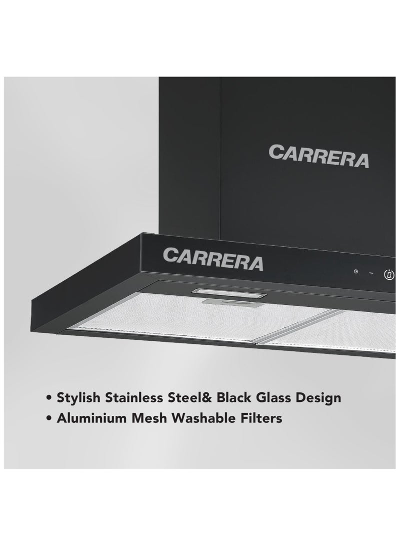 CARRERA 60cm T-Type Kitchen Hood 290W Motor, 800 m³/h Air Flow, Stainless Steel & Black Glass, 3 Speeds, LED Lights, Touch Control, Washable Filters CKH-24600 Black - Image 3