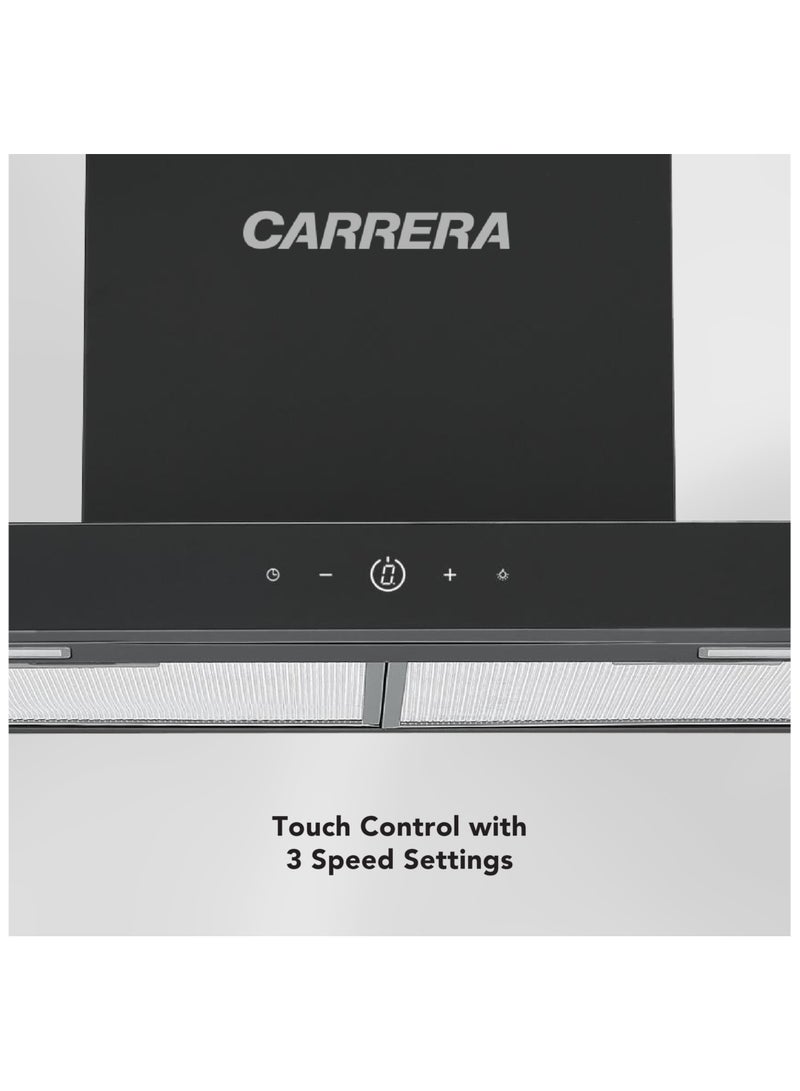 CARRERA 60cm T-Type Kitchen Hood 290W Motor, 800 m³/h Air Flow, Stainless Steel & Black Glass, 3 Speeds, LED Lights, Touch Control, Washable Filters CKH-24600 Black - Image 4