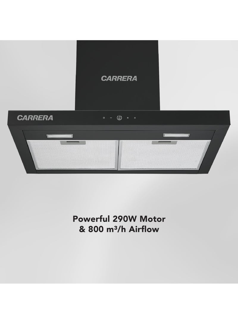CARRERA 60cm T-Type Kitchen Hood 290W Motor, 800 m³/h Air Flow, Stainless Steel & Black Glass, 3 Speeds, LED Lights, Touch Control, Washable Filters CKH-24600 Black - Image 2