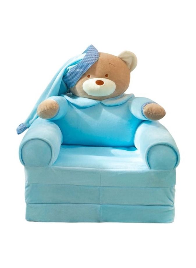 Generic Foldable Toddler Chair Lounger for Kids from 1 to 3+ years old , Removable and Washable Lazy Sleeping Sofa for Kids, Baby Sofa Bed Foldable Chair, Blue Teddy Bear  - Image 1